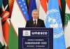 Konferensi Umum Ke-43 UNESCO Resmi dibuka di Samarkand Presiden Shavkat Mirziyoyev saat berpidato pada Peresmian Konferensi Umum UNESCO Sesi ke-43